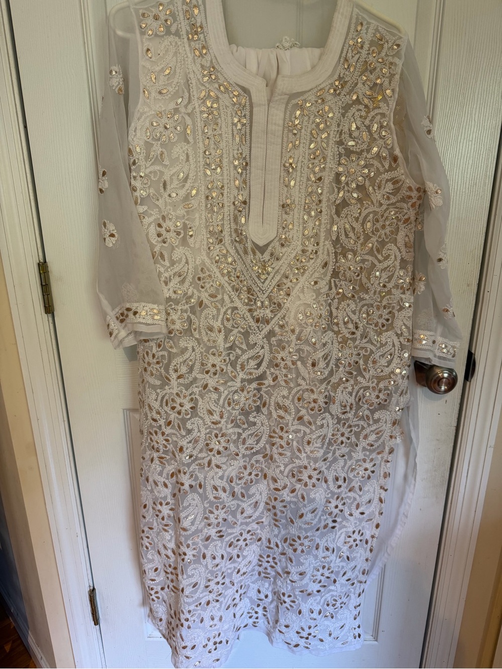 White & Gold Women's chikenkari kurti palazzo set